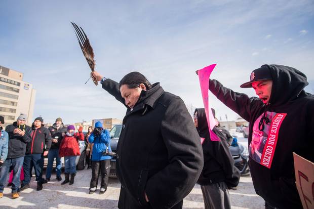 Feb. 10, 2018: Colten Boushie's uncle, Alvin Baptiste, and his brother Jace Boushie address demonstrators gathered outside of the courthouse in North Battleford, Sask.