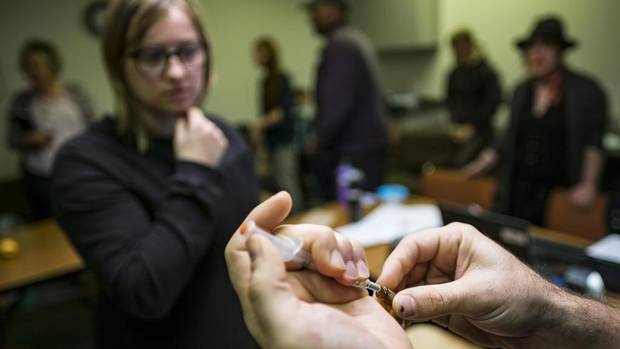 Christina Chant of Vancouver Coastal Health during a recent naloxone training session in Vancouver.