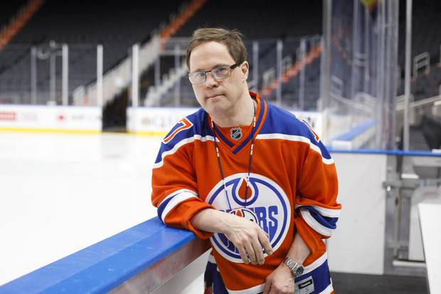 Edmonton Oilers locker room attendant Joey Moss is pictured on the Oilers' bench at Rogers Place in Edmonton, Alta., on Friday, April 28, 2017.