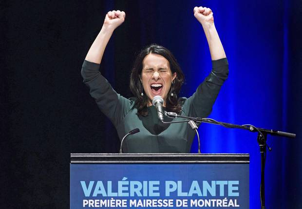 Valerie Plante speaks to supporters after being elected mayor of Montreal on Nov. 5, 2017.