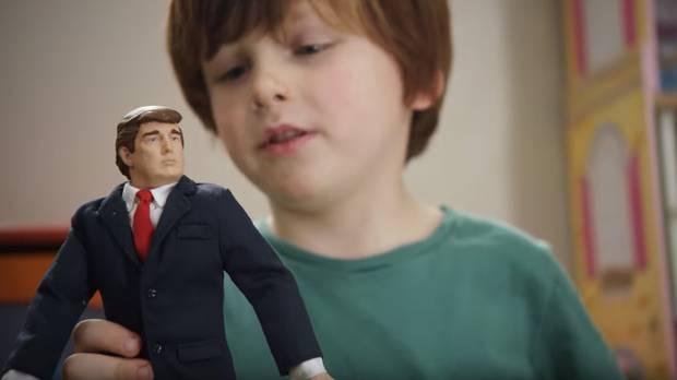 Children play with a Donald Trump action figure in this attack ad financed by the Ted Cruz campaign. The ad ends with the children destroying a doll house, and is airing in South Carolina ahead of the state’s primary on Feb. 20.