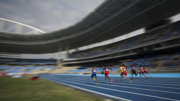 Athletes conduct a test event at the Rio Olympic Stadium in Rio de Janeiro, Brazil.