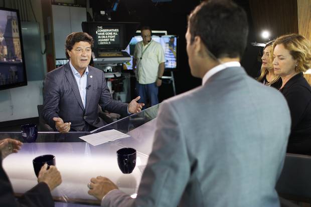 Jerry Dias takes part in a taping of Question Period with Evan Solomon at CTV.