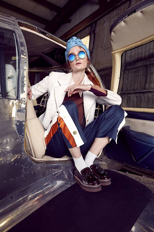 The Row coat, $5,350, Opening Ceremony shirt, $445, Peter Pilotto trousers, $1,375 at The Room at Hudson’s Bay (thebay.com). Marni sweater, $1,045 at Holt Renfrew (holtrenfrew.com). Tierre Taylor for David Dunkley turban, $125 at David Dunkley (daviddunkley.me). Sunglasses, $595 at Cutler and Gross (cutlerandgross.com). Biko earrings, $70 through ilovebiko.com. See by Chloé loafers, $460 at Gravity Pope (gravitypope.com).