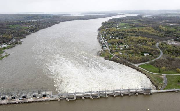 The Carillon dam is seen on the Ottawa River in Carillon, Que., Monday, May 8, 2017 with its water flowing to Montreal.