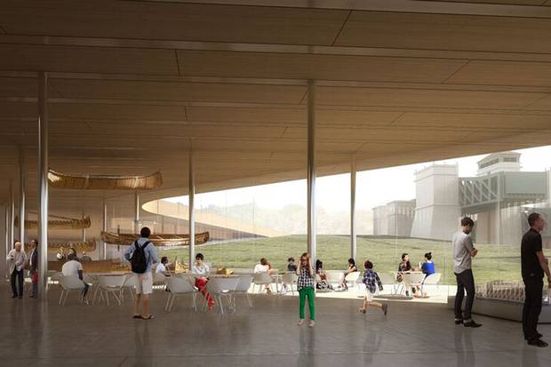 An artist’s rendering shows the design for the interior of the museum, with its collection of canoes from the earliest handcrafted treasures to modern-day racers.