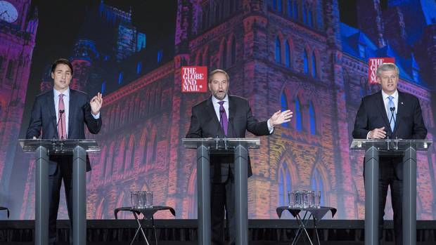 Justin Trudeau, Thomas Mulcair and Stephen Harper face off at The Globe and Mail's election debate on Sept. 17.