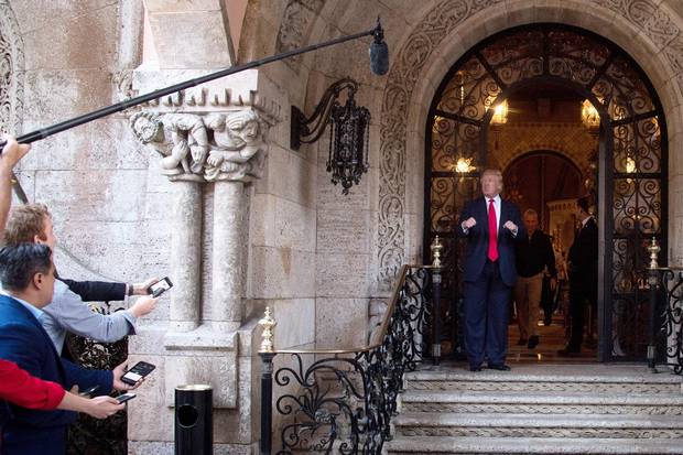 Mr. Trump speaks to reporters at Mar-a-Lago.