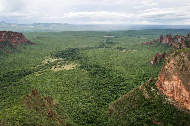 View of the Pantanal from the Cidade de Pedra viewpoint in the Chapada dos Guimaraes national park, Mato Grosso state, western Brazil on January 30, 2011.