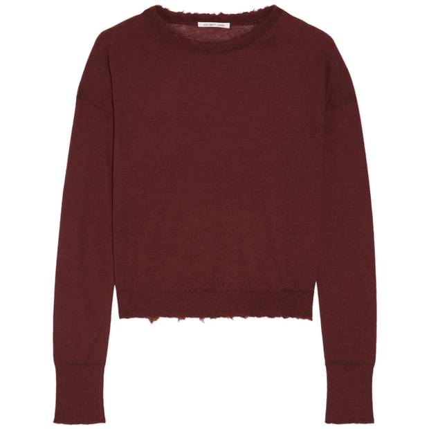 A cashmere sweater from Helmut Lang is elegantly torn ($360 (U.S.) through www.net-a-porter.com).
