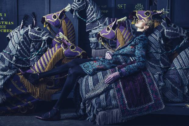 Smythe coat, $1,100 at TNT Women (www.tntfashion.ca). Donald J. Pliner shoes, $275 at Nordstrom. Alexis Bittar cuffs, $305 each, earrings, $245 at Holt Renfrew. Gloves, $18 at Gadabout.