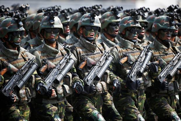 April 15, 2017: North Korean special-forces soldiers, wearing night-vision goggles, march in a military parde marking the 105th birth anniversary of North Korea’s founding father, Kim Il-sung. The much-feared North Korean army, trained and configured for offence, might be poorly prepared for an attack without warning by the United States.