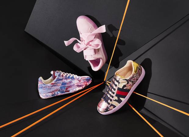 STEPPING OUTRE: Just because a sneaker is inherently sporty doesn’t mean you have to forgo fashion for function. Indulge in over-the-top accents and fabrics to give your downtime look a lift. Whether topped off by velvety bows like Puma’s charming gear or boasting Gucci’s wild metallic floral motif, these eye-catching styles are sure to put a spring in your step. Or try an artsy approach courtesy of Maison Margiela’s bold rubber runners. Clockwise from top: Puma Suede Heart sneaker, $109.99, Gucci Ace floral sneaker, $740 at Nordstrom (www.nordstrom.com). Maison Margiela Tie-Dye Replica sneaker, $885 at Harry Rosen (www.harryrosen.com). 