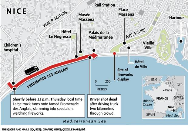 Map showing path taken by truck in attack on Nice promenade