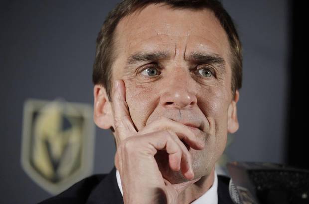 Vegas Golden Knights general manager George McPhee listens during a news conference in Las Vegas, on April 13, 2017.