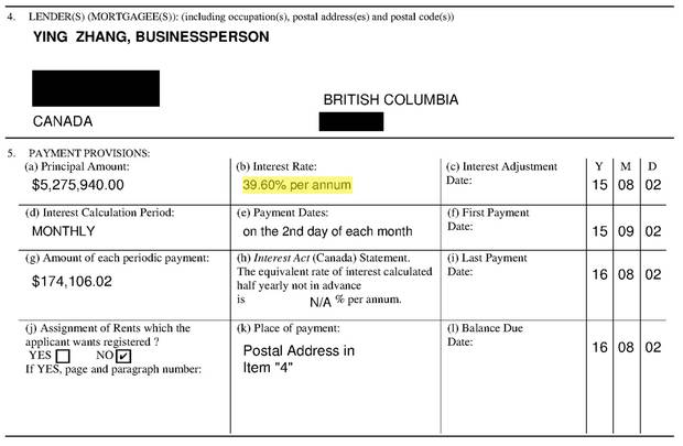 A mortgage document, listing Ying Zhang as the lender, offers an interest rate of 39.6 per cent per annum.
