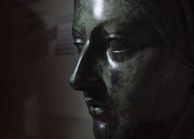 A detail of the separated head of the Queen Victoria statue on display at the Musee de la Civilization in Quebec City on Monday, May 15, 2017. 