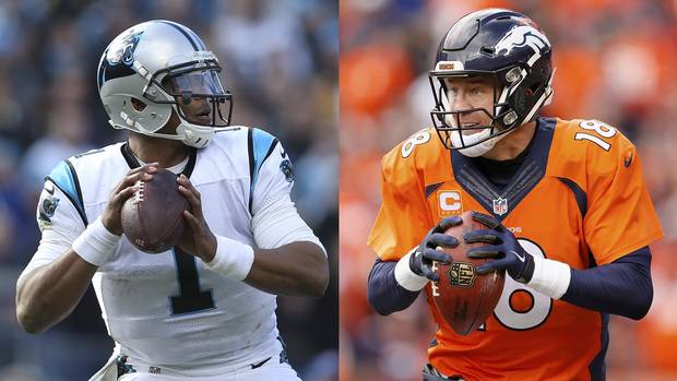 The battle between Cam Newton (left) and Peyton Manning (right) will take center stage when the Carolina Panthers and Denver Broncos square off for Super Bowl 50.