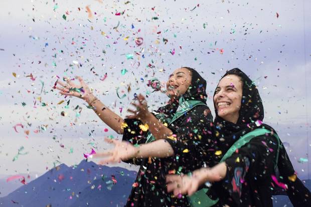 Friends in Dhahran, Saudi Arabia, celebrate on Sept. 27, 2017, after the news that a ban on women driving will be lifted next year.