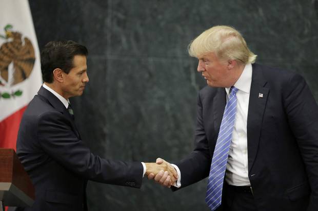 Aug. 31, 2016: U.S. Republican presidential nominee Donald Trump shakes hands with Mr. Pena Nieto shake hands at a press conference at the Los Pinos residence in Mexico City.