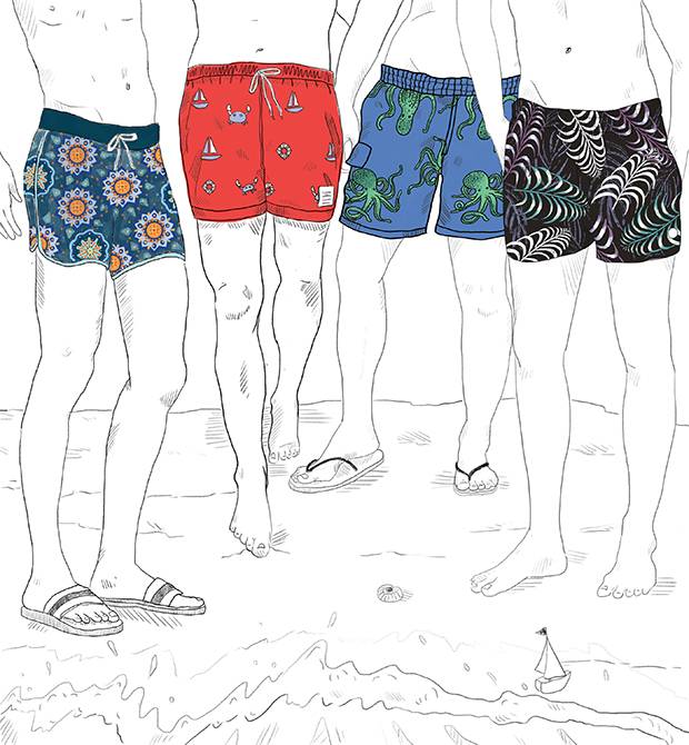 From left: Billabong 73 X Lineup boardshort, $64.95 at Sporting Life (www.sportinglife.ca). Thom Browne red classic Funmix swim trunks, $540 through www.ssense.com. Polo Ralph Lauren Kailua swim trunk, $95 at Hudson’s Bay (www.thebay.com). Native Youth Hornsea swim trunks, $84 at Nordstrom (www.nordstrom.com)