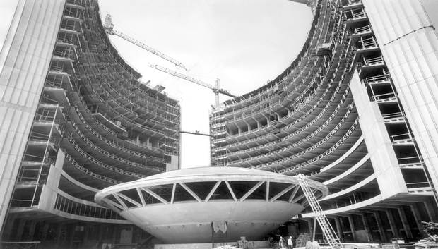 Toronto's new City Hall takes shape in May, 1964. The flying saucer-shaped section in the middle are the council chambers, with offices in the sweeping curved towers on either side.