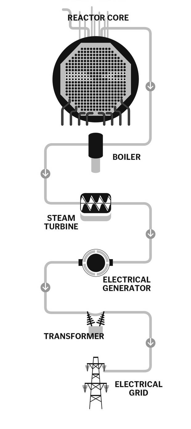 Inside the reactor core, natural uranium atoms are split into neutrons (helped and moderated by heavy water), a process that generates heat. That heat produces steam, driving a turbine and creating electricity