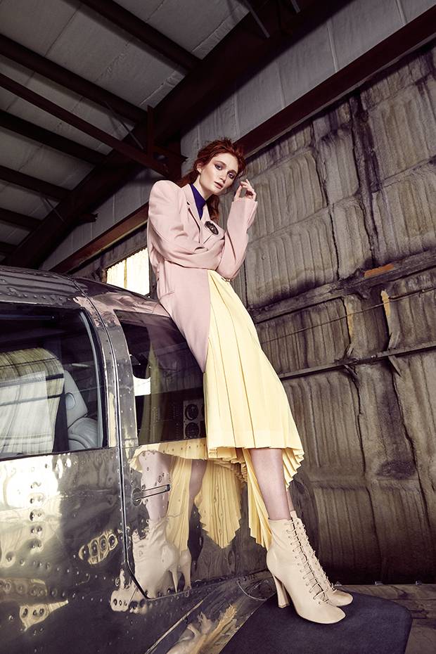 Céline skirt, jacket, top, boots and brooch, price on request through celine.com.