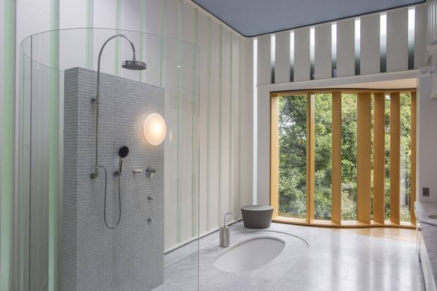 An open-concept bathroom.
