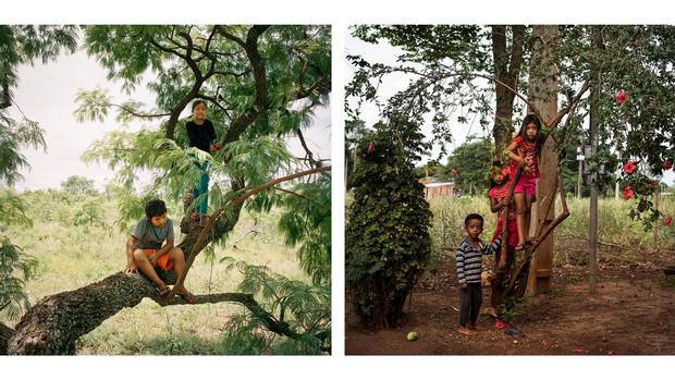 Left: Alisson Ortis and Nicole Samoiri Martin, both eight years old, play in a tree in their yard in Amambai. Nicole lost her father and brother to suicide. Right: Miguel Desilva, 4, Bruna Feliciano Desilva, 6, and Neto De Silva, 8, are shown in the village of Jiguarapiru on the Dourados reserve.