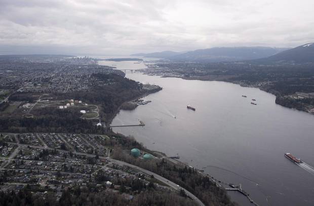 Kinder Morgan Trans Mountain Expansion Project's Westeridge loading dock, at bottom with green tanks, is seen in Burnaby, B.C., on Friday, Nov. 25, 2016.