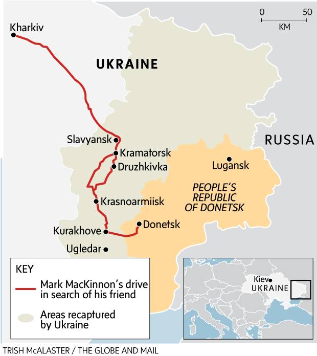 Mark MacKinnon first flew to Kharkiv, about 400 kilometres east of Kiev, rented a car and headed south to Ugledar in Ukrainian territory, hoping to find Vlad there, safe with his grandparents. After a stop in Kramatorsk for documents, he had to spend the night in Druzhkivka (the new home of Donetsk's hockey team) after mangled roads hobbled his car. He was about to pass Krasnoarmiisk when Vlad's brother, Bogdan, called and arranged to meet him there. The news Vlad was alive but confined to Donetsk required a return to Slavyansk and a second overnight stay, before a border crossing at Kurakhove and a much-anticipated reunion in the separatist capital.