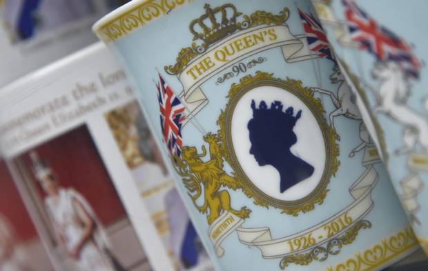 Commemorative crockery sits in a shop window in London on April 18, 2016.