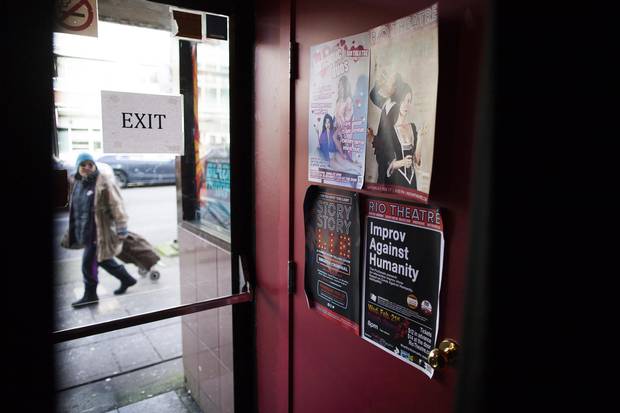 Posters of upcoming shows are seen in the foyer of the Rio.