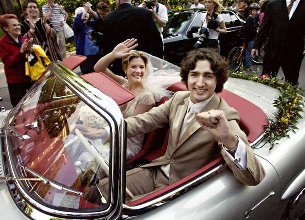 Justin Trudeau leaves with his new bride, Sophie Grégoire, in his father’s 1959 Mercedes 300 SEL after their marriage ceremony in Montreal on May 28, 2005.