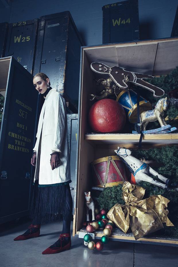 Toga Pulla Toga Archives coat, $1,375 at Nordstrom. Paul Andrew shoes, $695 (U.S.) through www.paulandrew.com. Vintage bracelets, price upon request through www.caroletenebaum.com. Dannijo earrings, $445 at Holt Renfrew. Vintage gloves, $18 at Gadabout Vintage