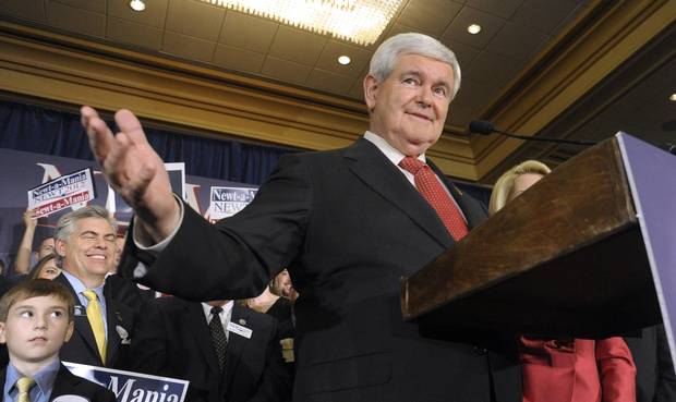U.S. Republican presidential candidate Newt Gingrich addresses supporters after polls closed in Georgia. He won his home state, but lost in eight other states during the Super Tuesday contests in March 2012.