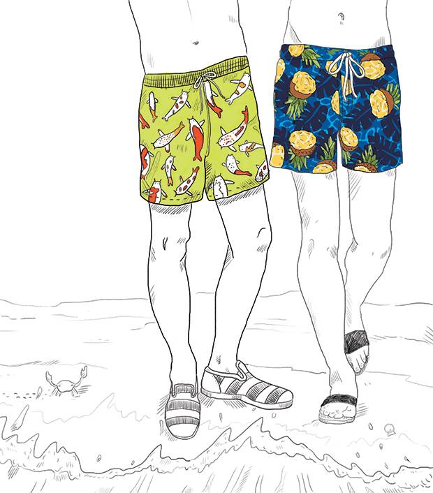 From left: Vilebrequin Moorea long-length printed swim shorts $333 through www.mrporter.com. Pineapple print swim shorts, $135 at Ted Baker (www.tedbaker.com)