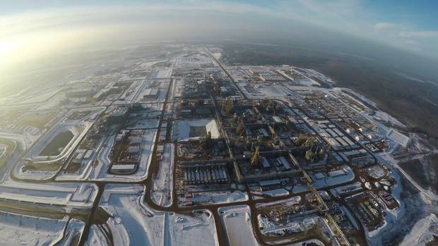 An aerial shot of the Fort Hills oil sands project.