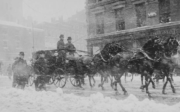 William Howard Taft and President Theodore Roosevelt head to the Capitol for Taft's inauguration in Washington, D.C., U.S. March 1909. A blizzard the night before left ten inches of snow in Washington, forcing the inauguration indoors to the Senate Chamber.