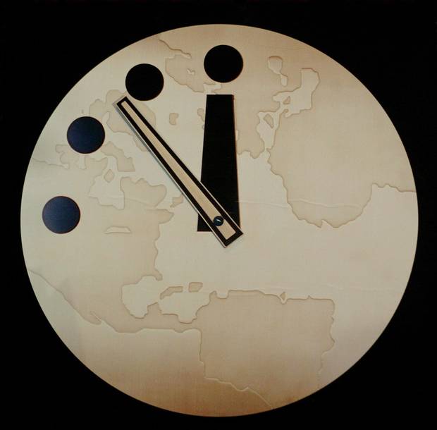 The Doomsday Clock has been used by the Bulletin of Atomic Scientists since 1947 to represent the perceived danger of a catastrophic nuclear event. Shown here in 2002, it’s seven-and-a-half minutes to midnight; as of Jan. 26, 2017, it’s at two-and-a-half minutes.