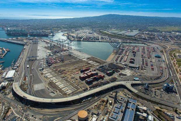 The TraPac LLC shipping terminal in seen in this aerial photograph taken over the Port of Los Angeles in March of 2016.