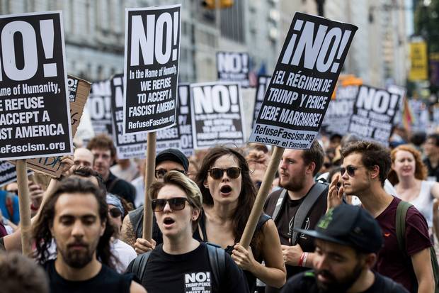 Protesters rally against white supremacy and racism in Columbus Circle on Aug. 13, 2017 in New York City.