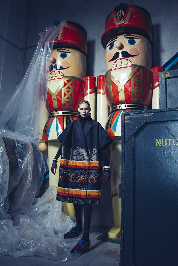 Delpozo coat, $2,850 (U.S.), shoes, $800 (U.S.) through www.delpozo.com. Simone Rocha earrings, $655 at Nordstrom (www.nordstrom.com). Alexis Bittar bangles, $305 each at Holt Renfrew (www.holtrenfrew.com). Vintage gloves, $8 at Gadabout (www.gadaboutvintage.com).