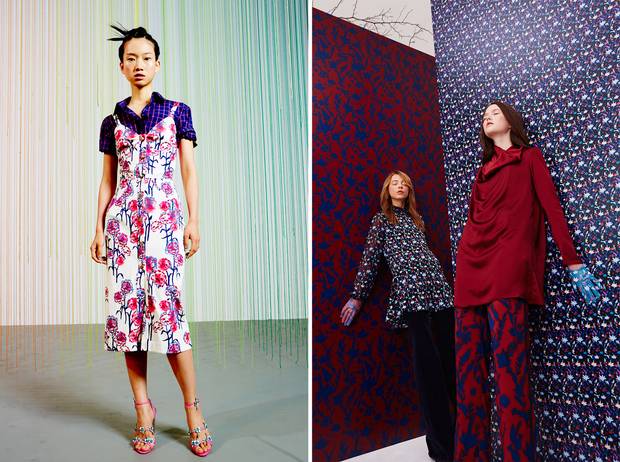 Taylor is known for her hand-painted prints, which she employed in both her spring 2016 (left) and fall 2016 (right) collections.