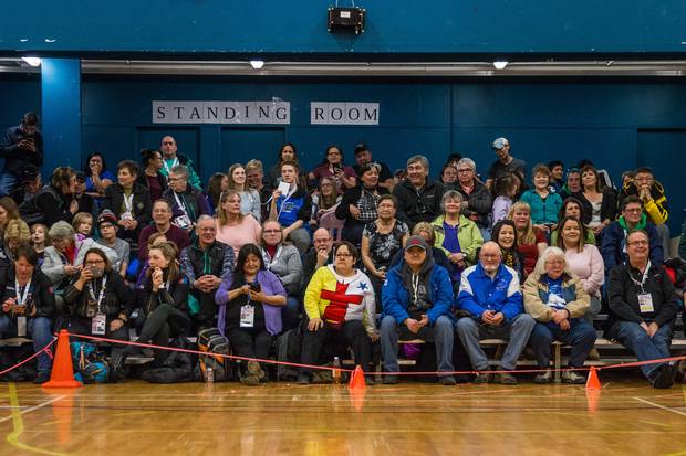 The crowd during a break in the action at the airplane event in Fort Smith on Wednesday night. Arctic Sports are a fan favourite at the Arctic Winter Games, with the airplane being a fan favourite.