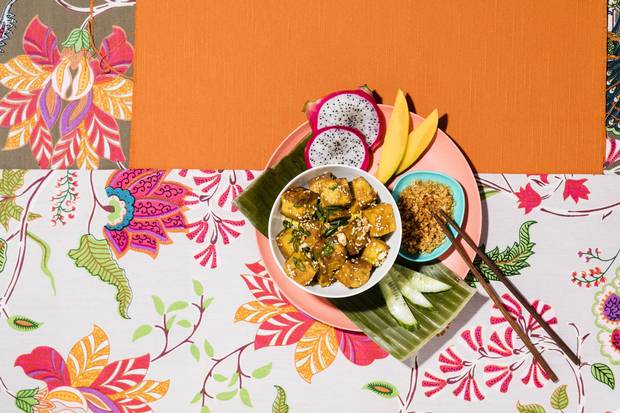 Floral bedspread (used as tablecloth), $75 at Morningstar Trading Co. Ltd. Chopsticks and melamine dish, stylist’s own.