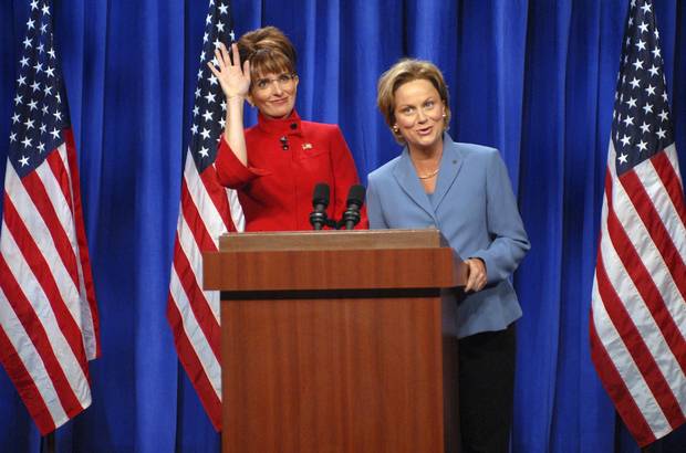 Actress Tina Fey plays Governor Sarah Palin and actress Amy Poehler plays Senator Hillary Clinton on 