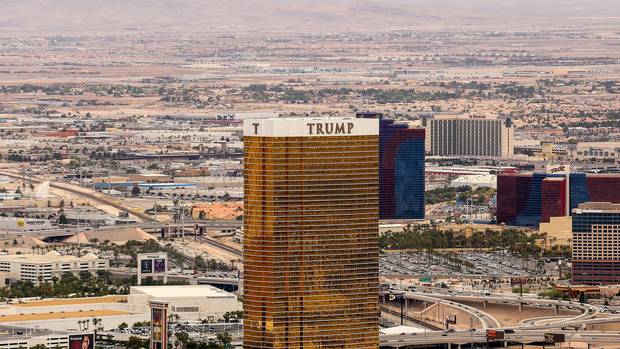 The Trump Hotel with the golden facade from above. Rio All Suite Hotel and Casino and The Orleans in the back.