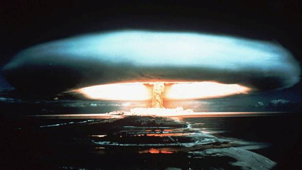 A nuclear bomb detonates at the Mururoa atoll in French Polynesia in September, 1971.